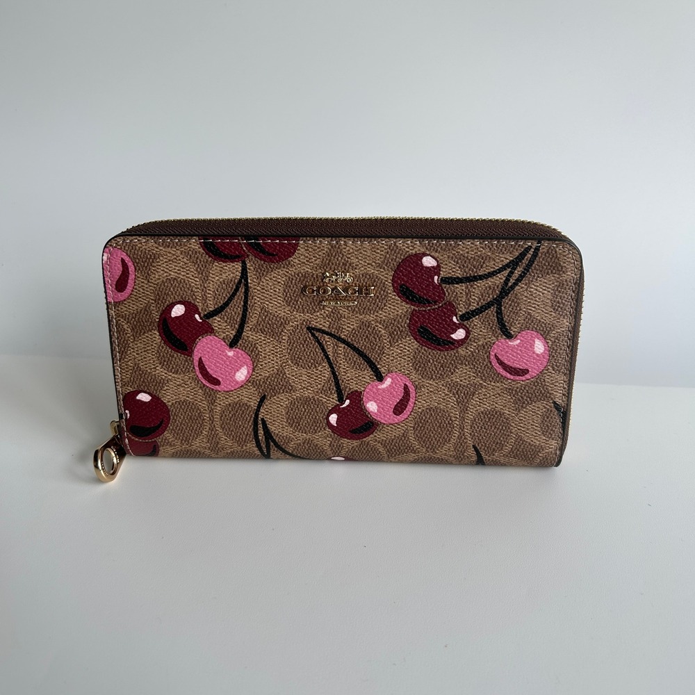 Coach Accordion Zip Wallet Tan Multi Canvas Cherry Print CZ328